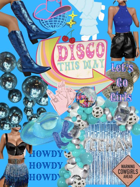 Disco Denim Bachelorette, Blue Disco Cowgirl, Blue Cowgirl Party, Bachelorette Mood Board, Disco Denim, Cowgirl Bachelorette Party Outfits, Bachelorette Vibes, Disco Cowboy, Denim Cowgirl