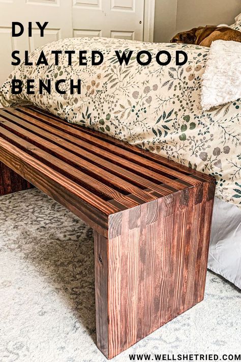 Wood Slat Bench Diy, Slatted Wood Bench, Entrance Bench Diy, Diy Modern Bench Indoor, Diy Wooden Storage Bench, Build A Bench Diy, Easy Diy Bench Seat, Slat Bench Diy, Diy Slat Bench