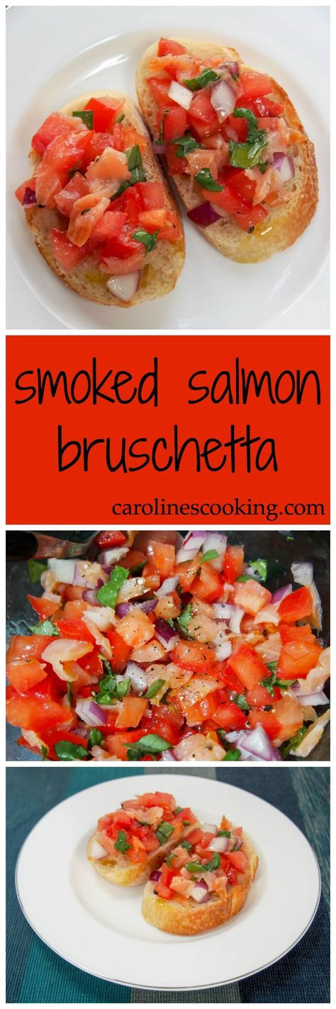 smoked salmon bruschetta - a delicious twist on the classic appetizer via @carolinescookng Salmon Bruschetta Recipe, Garlic Butter Salmon In Foil, Salmon Bruschetta, Lemon Garlic Butter Salmon, Marinated Artichokes, Salmon Dip, Salmon In Foil, Garlic Butter Salmon, Smoked Salmon Recipes