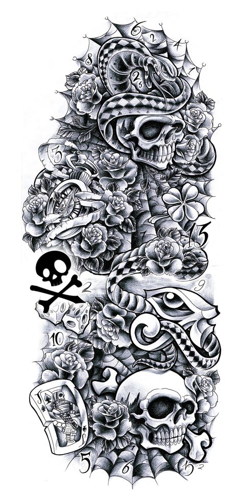 Commission - sleeve Andrea by *WillemXSM on deviantART Full Tattoo, Skull Sleeve, Kunst Tattoos, Full Sleeve Tattoo Design, Tattoo Templates, Full Sleeve Tattoos, Arm Sleeve Tattoos, Full Sleeve Tattoo, Tattoo Art Drawings