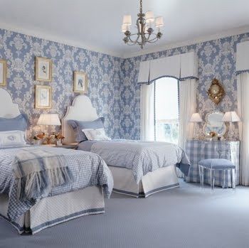 Blue and white bedroom with damask wallpaper, gingham bedding, white headboards, white curtains and bed skirts with blue trim and a girly vanity Adjoining Bedrooms, Girly Vanity, Gingham Bedding, Antique Homes, Lifestyle Wallpaper, Blue Bedrooms, Bedding White, Styl Hampton, Blue And White Wallpaper