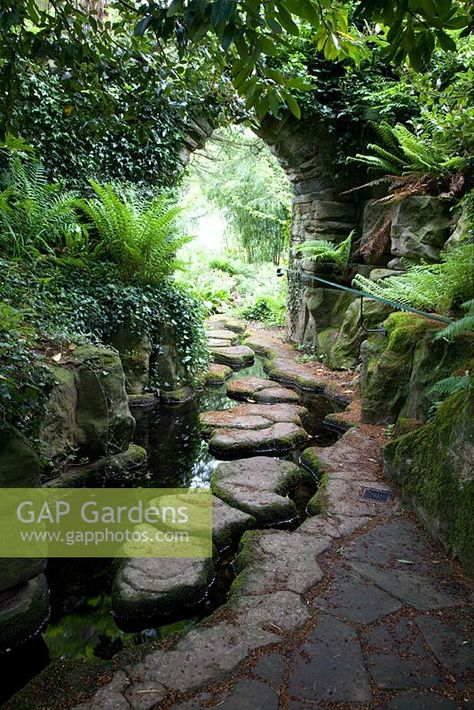 Stepping stones in the stream at the entrance to the Fern Grotto - Dewstow Hidden Gardens and Grottos Garden Grotto Ideas, English Grotto Garden, Grotto Design Ideas, Grotto Garden, Garden Grotto, Camping Cafe, Hidden Gardens, Grotto Design, Fern Grotto