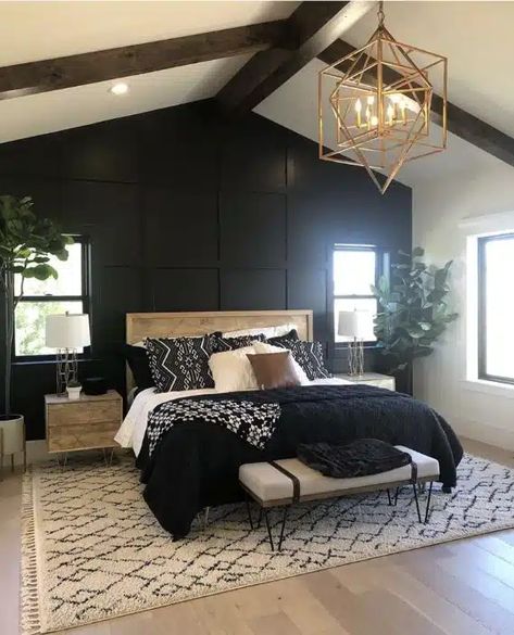 black accent wall in bedroom with wood headboard and wooden nightstands. black white and cream bedding gold white bedlamps and gold statement ceiling light Carpet On Carpet, Blue Home Accents, Bedroom Remodeling, Black Accent Walls, Prairie House, Moody Bedroom, Bedrooms Decor, Bedroom Remodel, Deer Valley