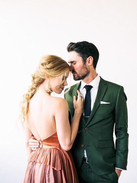 editorial couple - Leanne Marshall rust colored wedding gown // dark green suit // fishtail braid for a bride // Kristen Krehbiel - Kristen Kay Photography // #leannemarshall #weddingdress #greensuit Dark Green Suit, Editorial Couple, Green Wedding Suit, Colored Wedding Gowns, Plan Wedding, Leanne Marshall, Wedding Gown Inspiration, Gown Inspiration, Fishtail Braid