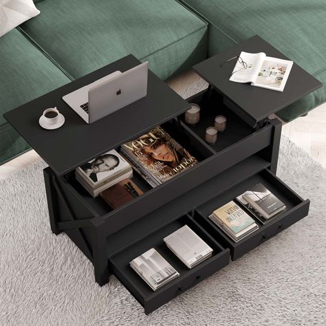 Loon Peak® Dextyn Top Lift Coffee Table with 2 Drawers for Ample Storage Space & Reviews | Wayfair Wood Coffee Table With Storage, Lift Coffee Table, 2 Coffee Tables, Split Top, Hidden Compartments, Unique Coffee Table, Sofa Storage, Lift Top Coffee Table, Coffee Uses