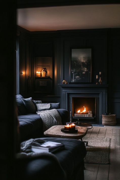 13 Dark And Moody Living Room Ideas You’ll Love Warm Living Room Decor, Dark Living Room Ideas, Dark Grey Living Room, Dark Grey Rooms, Moody Living Room, Grey Couch Living Room, Dark Living Rooms, Black Living Room, Grey Room