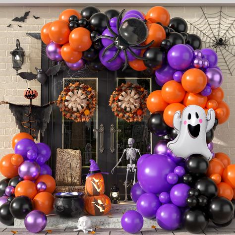 PRICES MAY VARY. 【Package Contents】This halloween balloon arch kit includes 40pcs 5-inch black orange purple metallic balloons, 63pcs 10-inch black orange purple metallic balloons, 1pcs 18-inch purple balloon, 1pcs ghost foil balloon, and 1pcs black spider foil balloon, 1pcs 10M silver ribbon, 2pcs dispensing dots, 1pcs 5M balloon tape strip, With a total one Halloween balloons, this set provides everything you need to create a spooky and festive atmosphere. 【Premium Quality】Halloween birthday p Halloween Balloon Arches, Birthday Decorations Purple, Black And Purple Halloween, Halloween Balloon Arch, Halloween Birthday Decorations, Column Ideas, Purple Party Decorations, Purple Balloon, Halloween Balloon