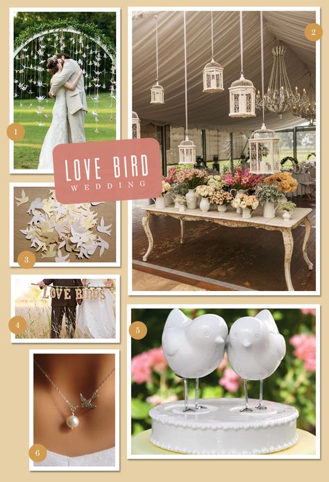 Celebrate the love birds with a love bird themed wedding! Incorporate  paper cranes as a ceremony backdrop or hang birdcages above tables during the ceremony. Bird Theme Wedding, Wedding Bird, Bird Themed Wedding, Love Birds Painting, Hanging Bird Cage, Wedding Birdcage, Love Birds Wedding, Paper Cranes, Bird Wedding