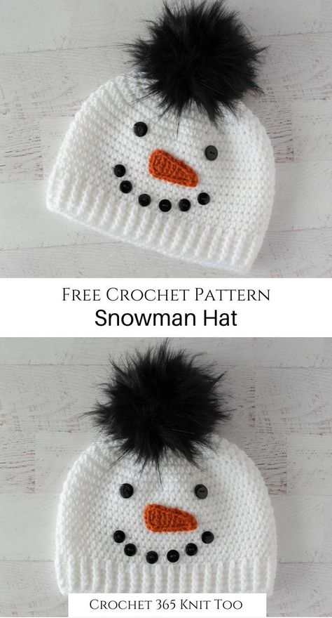 How cute is this snowman hat! #crochet #crochet365knittoo #crochethat #wintercrochet #crochetsnowman #crochetbeanie Snowman Hat Crochet Patterns Free, Crochet Kids Hats Patterns, Crochet Christmas Baby Hat, Free Crochet Christmas Hat Patterns, Crochet Hats Free Pattern Kids Children, Fun Crochet Hats For Kids, Crochet Easy Free Patterns, Crochet Snowman Hat Free Pattern, Crochet Christmas Ideas Free