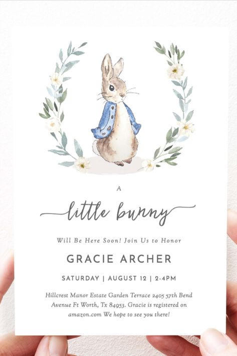 Download This Cute Peter Rabbit Baby Shower Invitation,  Baby Shower Boy Invite Moldes Para Baby Shower, Peter Rabbit Birthday, Rabbit Birthday, Christening Invitation, Rabbit Baby, Baptism Invitations, Baby Shower Invitations For Boys, Birthday Invite, Peter Rabbit