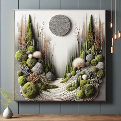 Idea for creating wall art with preserved moss in a coastal style focuses on merging the lush, green textures of moss with elements reminiscent of the seaside to evoke a sense of tranquility and natural beauty. Moss Ideas, Green Textures, Enchanted Mirror, Texture Painting Techniques, Air Plants Decor, Floral Art Arrangements, Planter Project, Moss Decor, Living Walls