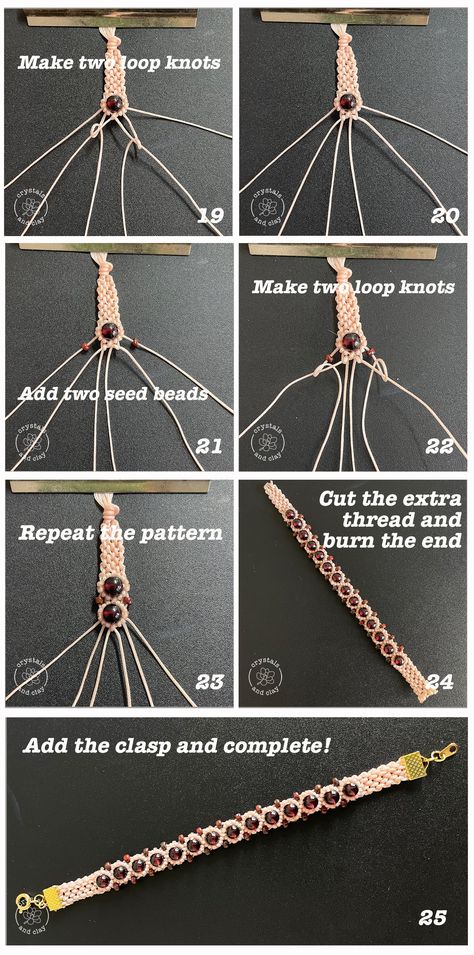 This jewelry DIY tutorial shows you step-by-step picture how to make a macrame bracelet with natural gemstone beads. You will learn three knotting techniques -- double half hitch knot, clove hitch knot and loop knot in this project, as well as to how to correctly use the clasps to finish off the bracelet. Woven Bracelets With Beads, Macrame With Beads Diy, Weave Bracelets Diy How To Make, Bracelet Knotting Techniques, Knot And Bead Bracelets, Macrame Bracelet Step By Step, Step By Step Beaded Bracelets, Macrame Crystal Bracelet Diy, Macrame Bracelets With Beads Tutorial