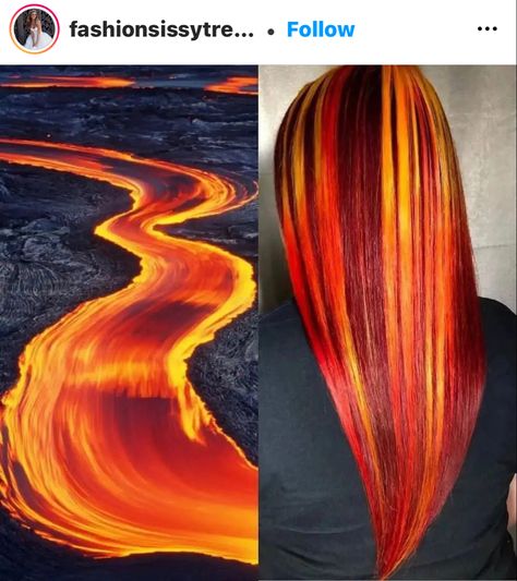 Red With Orange Highlights, Flame Hair Color, Vivid Red Hair, Fire Hair Color, Sunset Hair Color, Flame Hair, Vivid Hair, Sunset Hair, Fire Hair