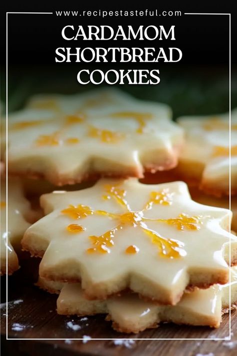 These buttery, melt-in-your-mouth shortbread cookies are infused with the warm, aromatic flavor of cardamom and topped with a zesty orange glaze. Perfect for tea time, holiday gatherings, or as an elegant homemade gift. Cardamom Shortbread Cookie Recipe, Cardamon Shortbread Cookies With Orange Glaze, Cardamom Shortbread Cookies With Orange Glaze, Shortbread Tea Cookies, Shortbread Cookie Recipe With Cornstarch, Cardamom Christmas Cookies, Orange And Cardamom Cookies, Cardamon Cookie Recipes, Cardamom Shortbread Cookies Orange Glaze