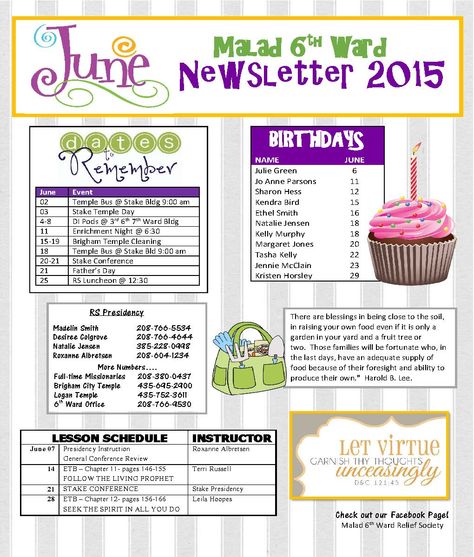 RELIEF SOCIETY NEWSLETTER JUNE 2015 THE CHURCH OF JESUS CHRIST OF LATTER DAY SAINTS News Letters Template Newsletter Ideas, Relief Society Newsletter Ideas, Relief Society Newsletter Templates Free, Church Newsletter Ideas, Relief Society Newsletter, Documentation Ideas, Family Newsletter, Ministering Ideas, News Letters