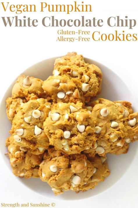 Gluten Free Pumpkin White Chocolate Chip Cookies, Pumpkin White Chocolate Chip Cookies, Chocolate Pumpkin Cookies, Pumpkin White Chocolate, Dairy Free White Chocolate, Healthy Chocolate Cookies, Vegan Pumpkin Cookies, Vegan White Chocolate, Fall Vegan Recipes