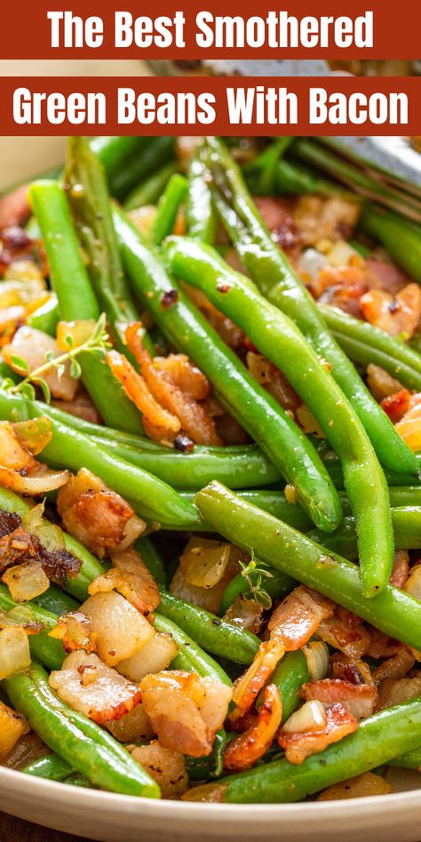 Fresh green beans are sautéed in bacon fat with onions and crispy bacon bits. This is the best veggie side dish to any meal you're serving! Christmas Green Beans With Bacon, Crockpot Green Beans With Bacon, Frozen Green Beans With Bacon, Fresh Green Beans And Bacon, Garlic Bacon Green Beans, Green Bean Bundles With Bacon, Green Beans Bacon Onion, Christmas Green Beans, Smothered Green Beans