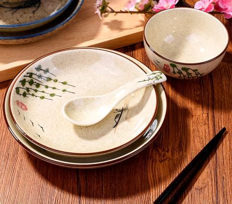 4-Piece Ceramic Dinnerware Set, Plate, Dish, Bowl, Spoon, Japanese Hand-painted Tableware set, A Good Gift Japanese Inspired Home, Japanese Dinnerware, Japanese Tableware, Ceramic Dinnerware Set, Willow Pattern, Ceramic Dinnerware, Retail Market, Ceramic Tableware, Tableware Set