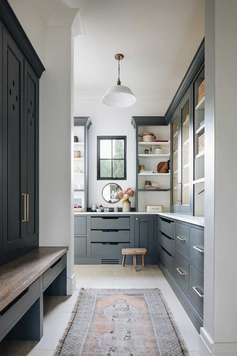 A stunning Belgian farmhouse style with a contemporary twist in Chicago Mudroom Pantry, Home Pantry, Kate Marker Interiors, Dark Paint Colors, Island Countertops, Mudroom Design, Mudroom Laundry, Laundry Mudroom, Mud Rooms