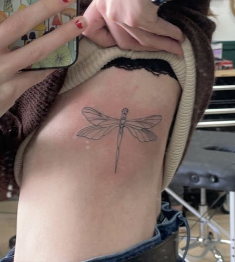 Rib Dragonfly Tattoo, Dragonfly Tattoo On Ribs, Dragonfly Tattoo Ribs, Line Dragonfly Tattoo, Tattoo On Ribs, Dragonfly Tattoo, Rib Tattoo, Tattoo Inspo, Tattoo On