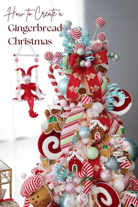 Sweeten your holidays with our Gingerbread Christmas decorating style. Featuring gingerbread characters of all sizes, candy ornaments, and a festive colour palette of red, green, and white mixed with soft pink, mint green, and baby blue for a playful and joyful holiday look. Pink Red Green Christmas Decor, Pink And Red Gingerbread Christmas Tree, Gingerbread And Candy Christmas Tree, Gingerbread Candy Christmas Tree, Gingerbread Christmas Tree Ideas, Gingerbread Characters, Gingerbread Man Christmas Tree, Gingerbread Christmas Tree, Candy Christmas Tree