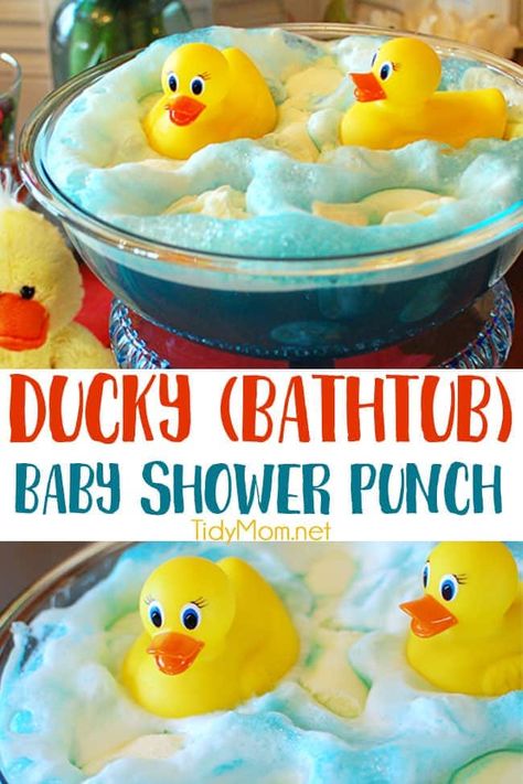 This Adorable Ducky Baby Shower Punch made with blue Kool-Aid gives the look of bath water and bubbles made of sherbet mixed with the ginger ale for the perfect party refreshment. Get this party punch recipe at TidyMom.net #punch #babyshower #birthday #ducks Shower Punch, Baby Shower Punch Recipes, Boy Baby Shower Food, Baby Shower Punch, Ducky Baby Showers, Ducky Baby Shower, Rubber Ducky Baby Shower, Baby Shower Drinks, Baby Shower Duck