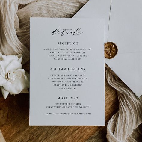 Classic Details Enclosure Card Wedding Suite J102 Wedding Card Minimal, Details Wedding Card, Details Card Wedding, Formal Wedding Invitation, Jasmine Wedding, Classic Typography, Sunshine Baby Showers, Wedding Stationery Suite, Wedding Details Card