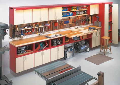 One-Wall Workshop | Woodworking Project | Woodsmith Plans Woodsmith Plans, Workshop Cabinets, Woodworking Garage, Workshop Plans, Cabinet Plans, Workbench Plans, Garage Work Bench, Garage Cabinets, Shop Layout