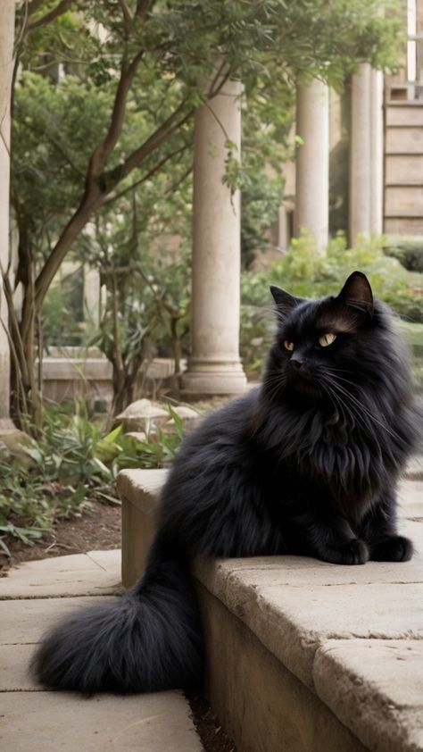 Black Cat Long Hair, Persian Black Cat, Long Haired Black Cat, Cat Majestic, Black Ragdoll Cat, Majestic Black Cat, Funny Cat Aesthetic, Black Fluffy Cat, Black Persian Cat