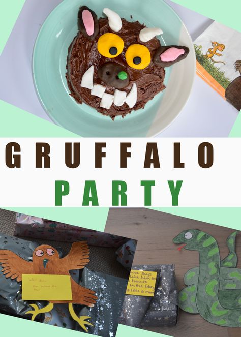 Fun ideas for a Gruffalo Party - Gruffalo food, Gruffalo treasure hunt and Gruffalo games Gruffalo Games, Gruffalo Party Games, Gruffalo Party Food, Gruffalo Printables Free, Gruffalo Birthday Party, Gruffalo 2nd Birthday, Gruffalo Writing Activities, The Gruffalos Child Activities, Gruffalo Activities