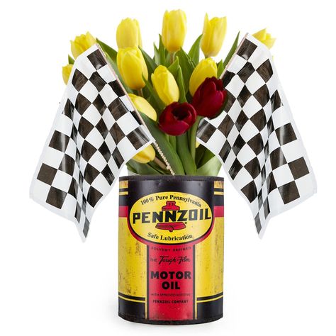 My idea for kiosk table centerpieces. Karen Kozacki-Snell says tulips are cheap in March. She can get the flowers at a discount. Centerpieces For Men, Birthday Table Centerpieces, Photo Booth Birthday Party, Car Centerpieces, Nascar Party, Vintage Car Party, Banquet Centerpieces, Sweet 16 Photos, Car Themed Parties