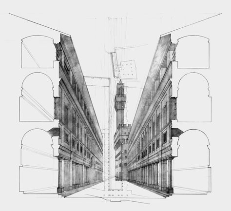 Andrew Hoffmann - Composite Uffizi & Palazzo Vecchio drawing, Fall 2012 Italy Houses, David Statue, Giorgio Vasari, Gothic Windows, Arch Model, Model Drawing, Grand Entrance, Architecture Sketch, Museum Of Fine Arts