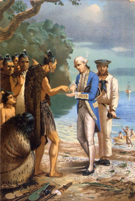 Louis John Steele 1843-1918: Arrival of Captain Cook; an incident at Bay of Islands Maori Tribe, Nz History, Captain James Cook, Maori People, Polynesian Art, Captain Cook, James Cook, Bay Of Islands, Māori Culture