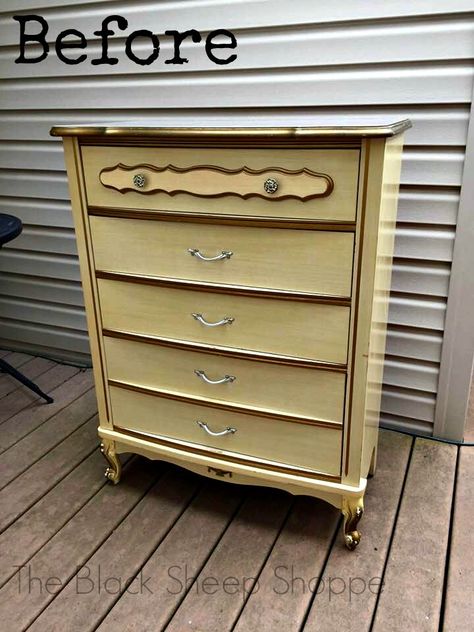 Before photo of Sears Bonnet chest of drawers. Painting Plastic Furniture, Painted French Provincial Furniture, French Provincial Chest Of Drawers, French Provincial Bedroom Furniture, Pink Chest Of Drawers, Granny Magic, French Provincial Dresser Makeover, Chest Of Drawers Makeover, French Provincial Furniture