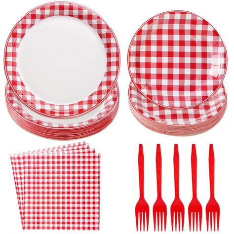 PRICES MAY VARY. 【Red & White Gingham Party Decorations】Our red and white gingham party supplies including 24 x 9" disposable paper dinner plates, 24 x 7" disposable dessert plates, 24 forks, 24 double-layered paper napkins. It's also brings a elegant atmosphere to your party. 【Premium Material】The red and white gingham disposable dinnerware set is made of heavy duty paper. Red and white gingham party plates are designed to be strong enough to hold a full plate of food without folding and tearin Red And White Picnic Party, Red And White Gingham Party Ideas, Cherry Party, Picnic Theme Birthday, Pink And White Gingham Party, Pink Gingham Party, Red Gingham Party Decor Picnic Theme, Bbq Baby Shower Decorations, Gingham Party