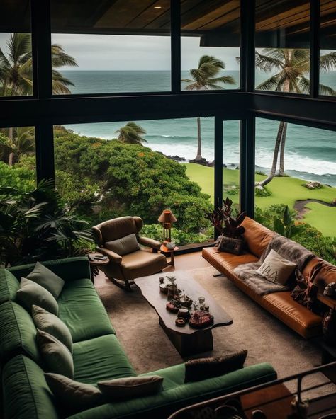 Leilaniokalani Hale by Monika Pancheva|Visualization Hawaiian House Aesthetic, Modern Hawaiian Decor, Polynesian Decor Interior Design, Hawaiian Houses Interior, Hawaiian House Exterior, Hawaii Style Home, Beach Aesthetic House, Hawaii House Aesthetic, Hawaii Homes Interior