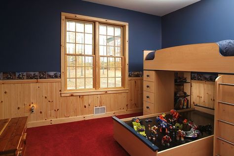 Children\'s bedroom Interior Window Trim Ideas, Wall Remodel, Window Trim Ideas, Interior Wood Paneling, Knotty Pine Paneling, Pine Paneling, Color Compliments, Rustic Remodel, Interior Window Trim