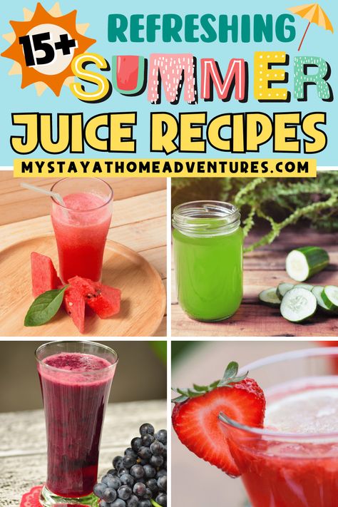 15+ Of The Best Summer Juice Recipes Fruit Juice Recipes Juicers, Homemade V8 Juice, Refresher Drinks, Summer Juice Recipes, Grape Juice Recipe, Fresh Strawberry Lemonade, Mixed Fruit Juice, Fresh Juice Recipes, Refreshing Juice