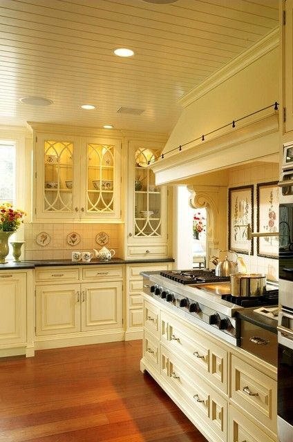 French Country Kitchen Cabinets, Yellow Kitchen Cabinets, Country Kitchen Cabinets, Dark Wood Kitchens, Country Kitchen Designs, French Country Kitchens, Farmhouse Kitchen Cabinets, Pot Filler, French Country Kitchen