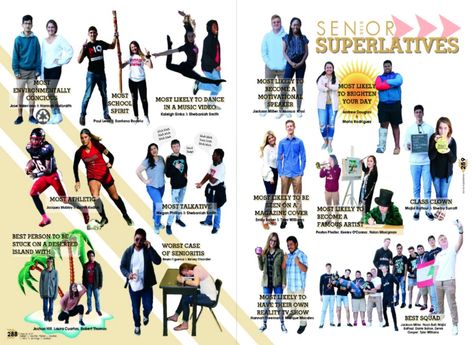 Most Likely To Succeed Yearbook Pictures, High School Yearbook Layouts Ideas, Senior Superlatives Yearbook Layout, Senior Superlatives Yearbook, Yearbook Dividers, Yearbook Picture Ideas, Yearbook Superlatives, Yearbook Club, Senior Superlatives