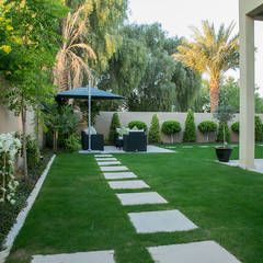 Saheel villa, hortus landscaping works llc | homify Shed Organisation, Shed Landscaping, Walkway Design, Home Garden Design, Hampton Bay, Garden Landscape Design, Side Yard, Small Garden Design, Backyard Patio Designs