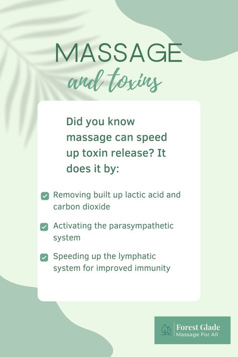 Did you know that massage can help get rid of toxins?  As a happy by product of releasing tension, increasing circulation and promoting relaxation, it helps our bodies cope with and eliminate toxins!
Another great reason to book in for a massage, if you needed one! Massage Add On Ideas, Massage Post Ideas, Spa Content, Indian Head Massage, Massage Ideas, Massage Therapy Quotes, Touch Therapy, Massage Marketing, Forest Glade