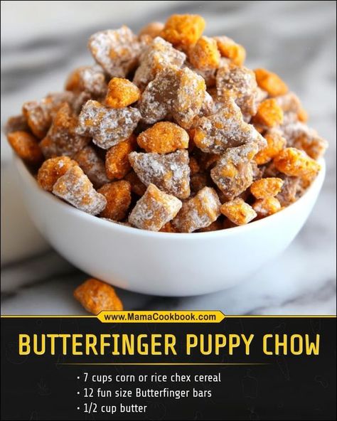 Butterfinger Puppy Chow, Butterfinger Puppy Chow Recipe, Original Puppy Chow Recipe, Flavored Puppy Chow, Crispix Puppy Chow Original, Puppy Chow Chex Mix Recipe No Peanut Butter, Puppy Chow Ingredients, Puppy Chow Christmas, Puppy Chow Chex Mix Recipe