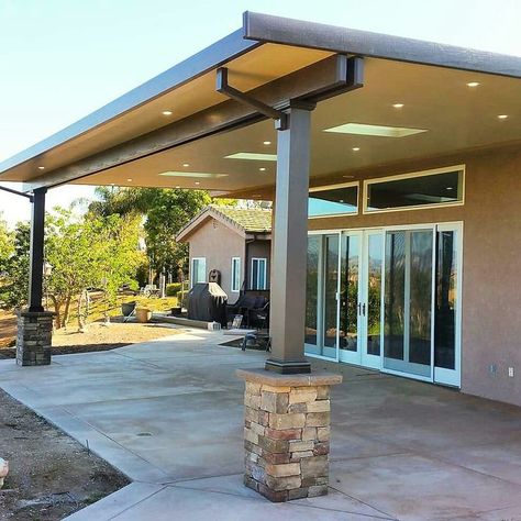 Steel Patio Cover, Patio With Skylight, Metal Covered Patio Ideas, Patio Cover With Skylights, Patio Columns Ideas, Covered Patio With Skylights, Partially Enclosed Patio Ideas, Aluminum Patio Covers Attached To House, Alumawood Patio Covers Ideas