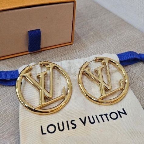 Louis Vuitton big LOGO gold stud earrings Louis Vuitton Jewelry, Gold Stud Earrings, Gold Stud, Gold Earrings Studs, Gold Studs, A Box, Dust Bag, Louis Vuitton, Stud Earrings