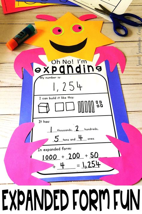 Place Value activities for grades 2 and 3 that combine fun with math review for expanded form!  Make these monsters and display them for open house - engaging and eye-catching! Teaching Expanded Form 2nd Grade, Fun Place Value Activities 2nd Grade, 4 Digit Place Value Activities, Place Value Monster, Place Value Craft 2nd Grade, Place Value Activities 2nd, Expanded Form Activities, Place Value Display, Base Ten Activities