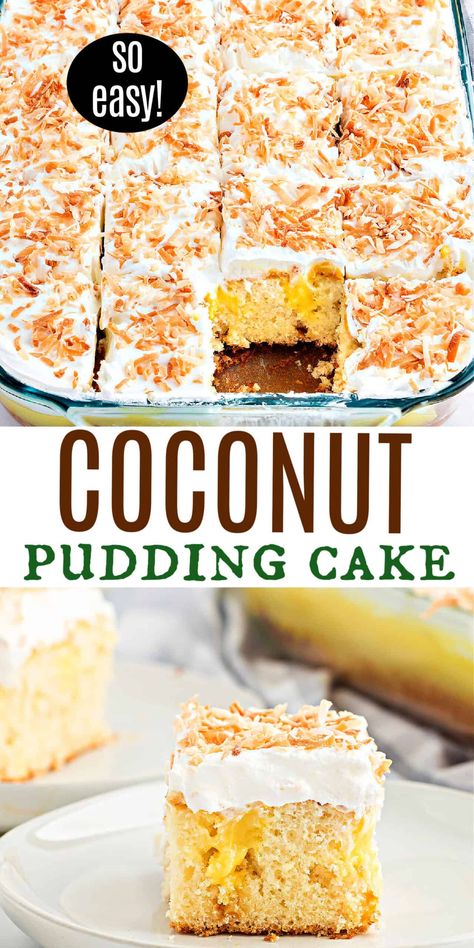 Looking for an easy dessert recipe that delivers impressive results? Make a delicious Coconut Pudding Cake with just a few ingredients! Moist cake with a creamy cool whip topping gets even better when you add a sprinkle of toasted coconut on top. Coconut Poke Cake Recipes Easy, Coconut Pudding Recipes, Coconut Pudding Cake, Cool Whip Topping, Frozen Pudding, Coconut Poke Cakes, Vanilla Sheet Cakes, Cakes Easy, Easy Puddings