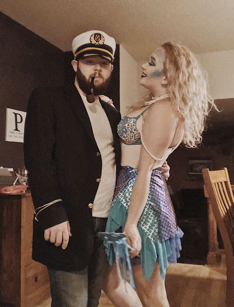 Mermaid and captain costume Sea Captain And Siren Costume, Sea Captain Costume, Siren Halloween Costume, Siren Halloween, Sailor Halloween, Siren Costume, Captain Costume, Sea Captain, Mermaid Costume