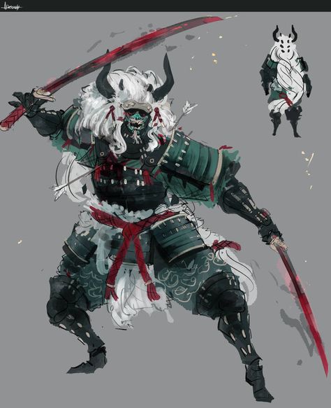 Fantasy Samurai Armor, Fantasy Samurai Art, Samurai Rpg Character, Modern Samurai Concept, Japanese Warrior Drawing, Oni Concept Art, Samurai Armor Art, Japanese Character Art, Ronin Character Design