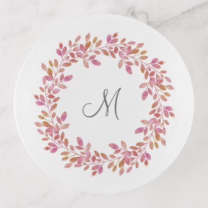 Autumn Blush Leaves Watercolor Leaves Wreath Trinket Trays Autumn Pottery Painting, Fall Wreath Painting, Pink Fall Leaves, Autumn Wreath Watercolor, Floral Trinket Dish, Pink Glitter Background, Leaves Wreath, Circle Drawing, Easter Paintings